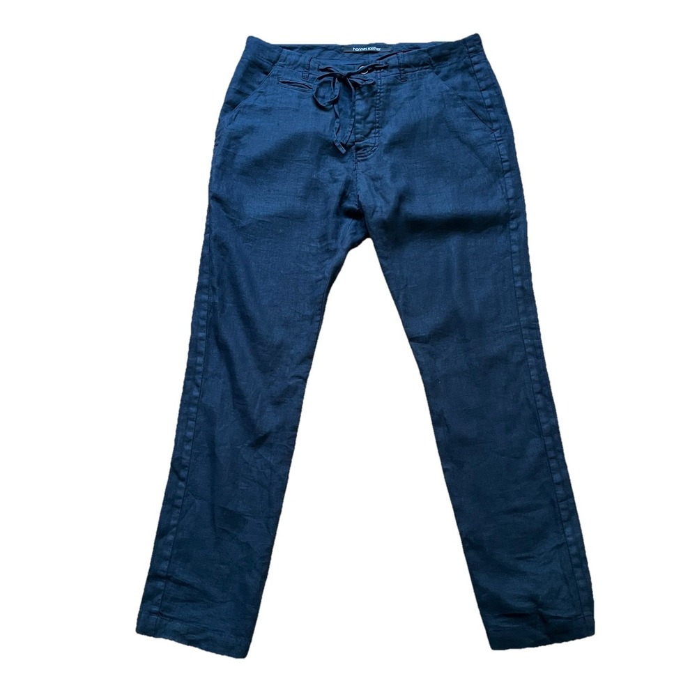 HANNES ROETHER Mens 100% LINEN Trousers Navy Blue, Size Medium